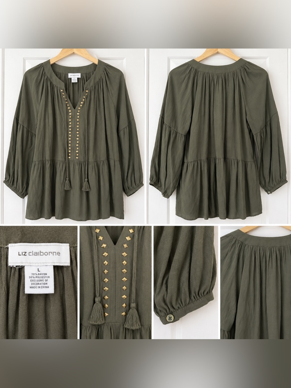 Liz Claiborne Studded Blouse in Green Size Large